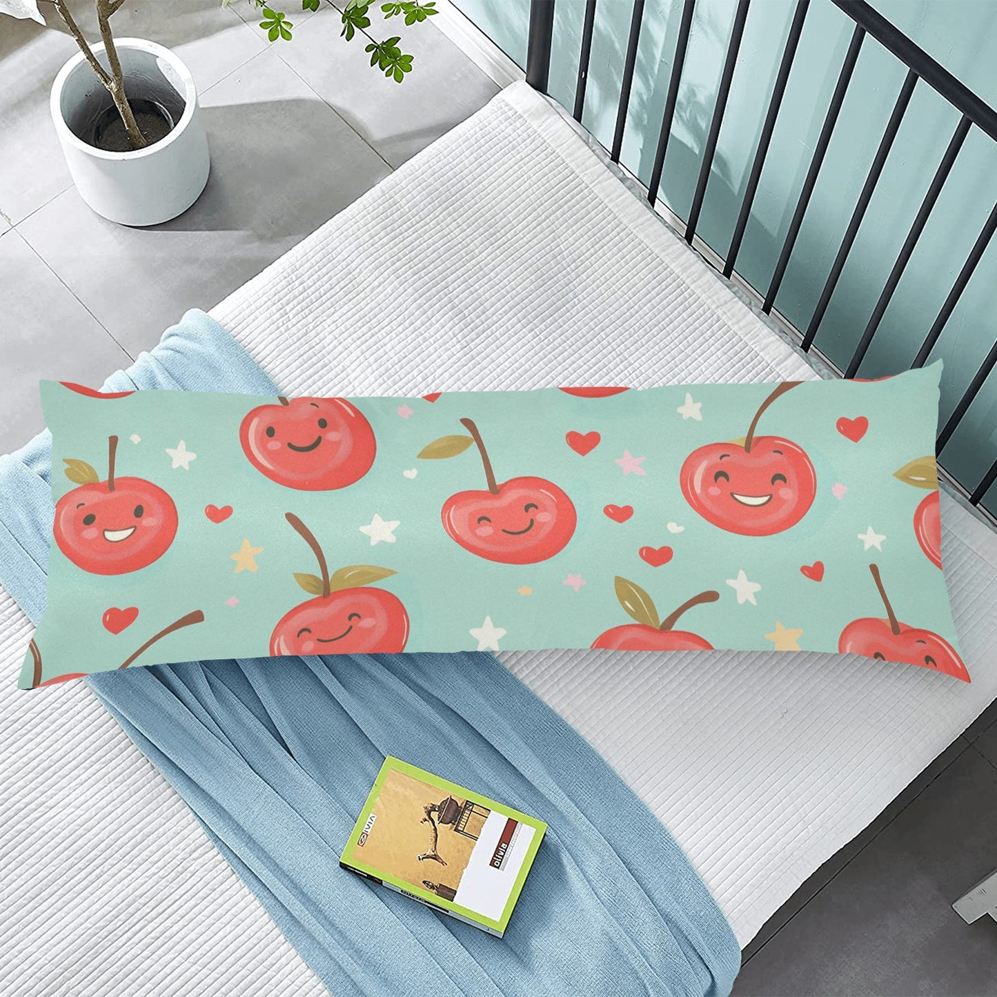 Red Cherries Body Pillow Case, Kawaii Fun Kids Happy Girls Cute Long Large Bed Accent Print Throw Decor Decorative Cover Cushion 20x54