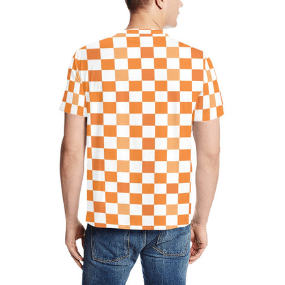 Orange Checkered TShirt, White Check Print Designer Lightweight Crewneck Men Male Women Tee Top Summer Short Sleeve Shirt