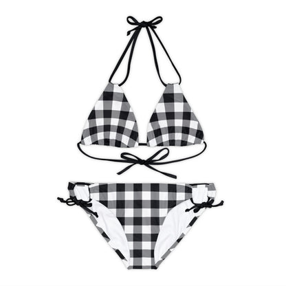 Black and White Gingham Bikini Set, Check High Waisted Cute Cheeky Bottom String Triangle Top Sexy Swimsuits Women Swimwear