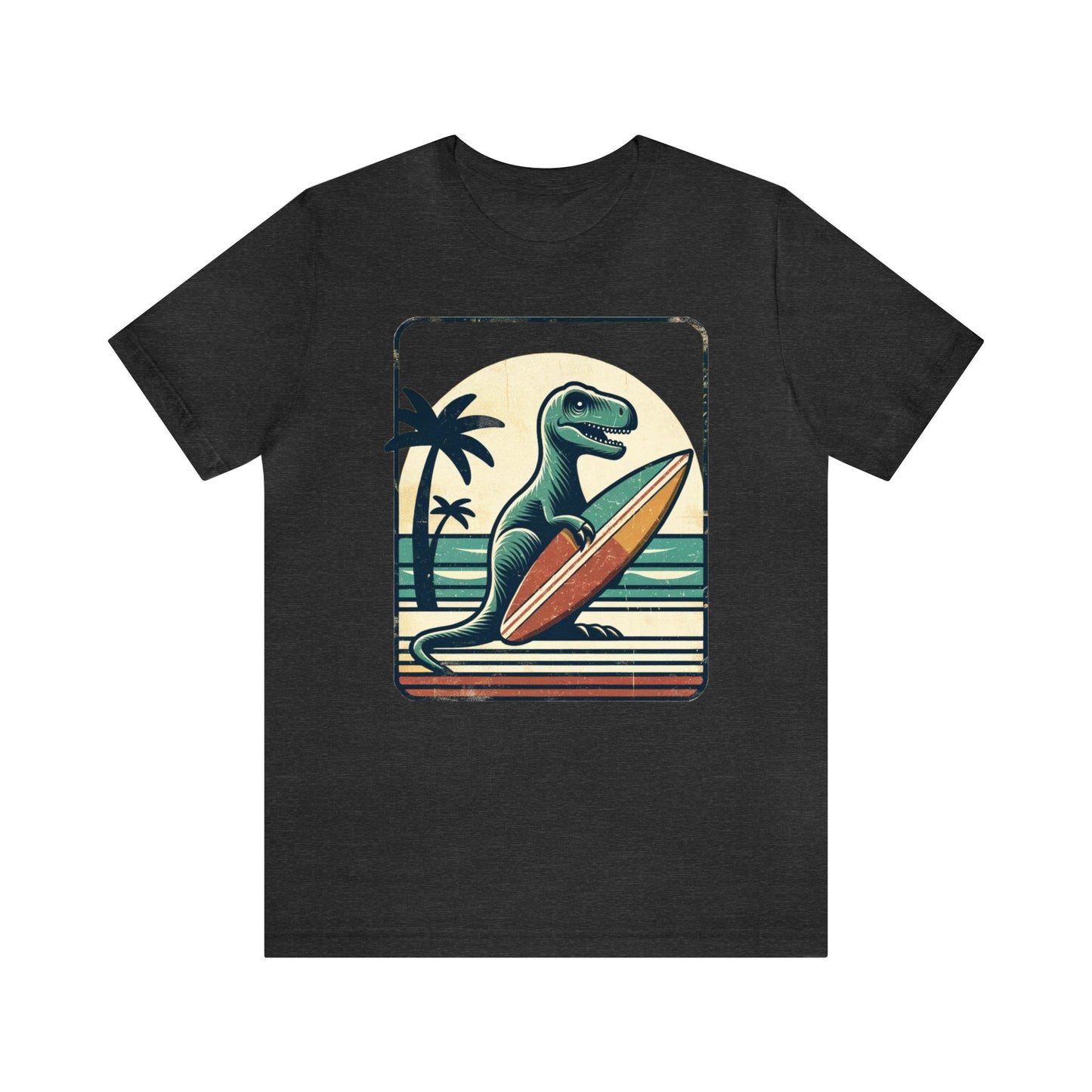 Dinosaur Surfboard Tshirt, Surfing Dino Adult Vintage Distressed Art Designer Graphic Cool 80s Crewneck Men Women Tee Short Sleeve Shirt