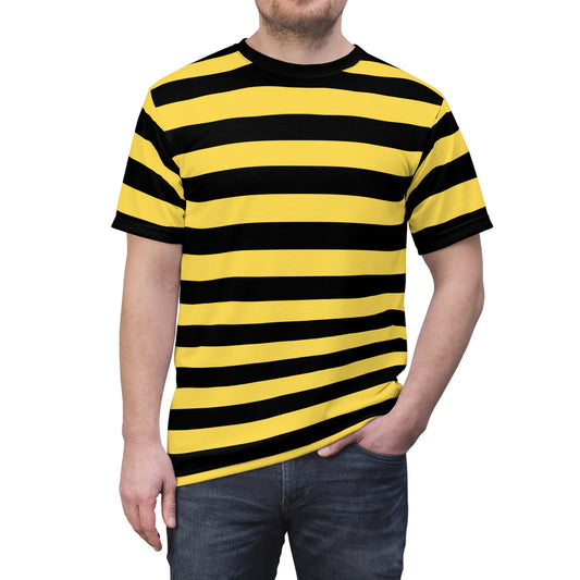 Black and Yellow Striped Men T Shirt, Vintage Wide Horizontal Stripes Lightweight Heavyweight Adult Unisex Male Designer Crewneck Guys Tee