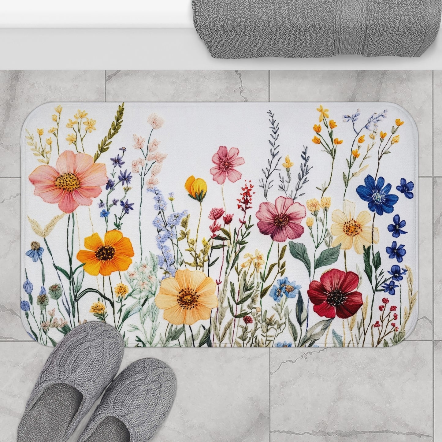 Wildflowers Bath Mat, Floral Flowers Botanical Garden Shower Bathroom Decor Non Slip Floor Memory Foam Microfiber Large Small Washable Rug