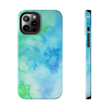 Blue Green Watercolor Tough Phone Case, Tie Dye Colorful Print Cute Cell Iphone 15 14 13 Pro Max 12 11 XS XR X 7 SE 8 Galaxy S24 S23 S22