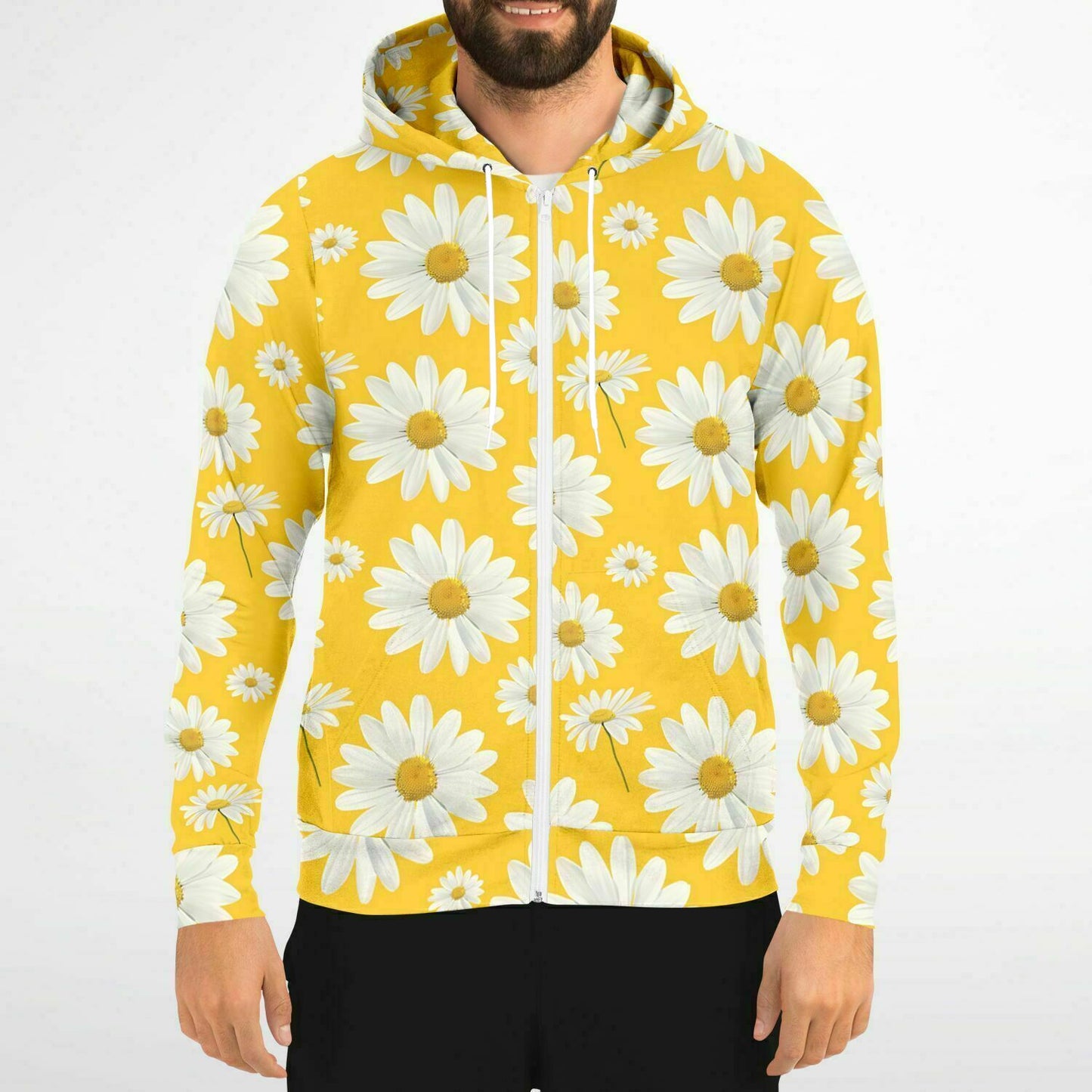 Daisy Yellow Zip Up Hoodie, Floral Flowers Full Zipper Pocket Men Women Unisex Adult Aesthetic Graphic Cotton Fleece Hooded Sweatshirt