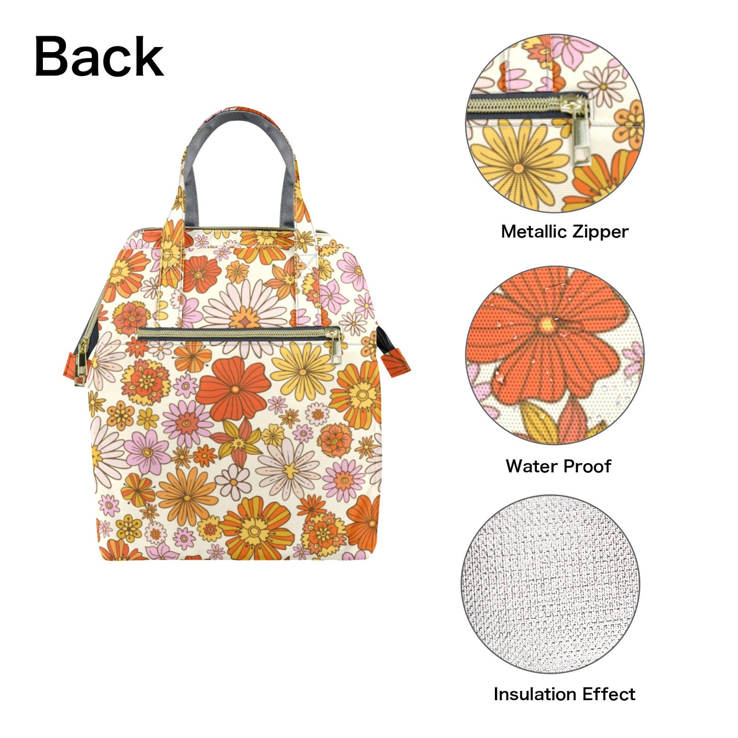 Retro Floral Insulated Lunch Box Bag Tote, Pink Orange Flowers Cute Food Container Adult Kids Women Teens Men Black School Work Handbag