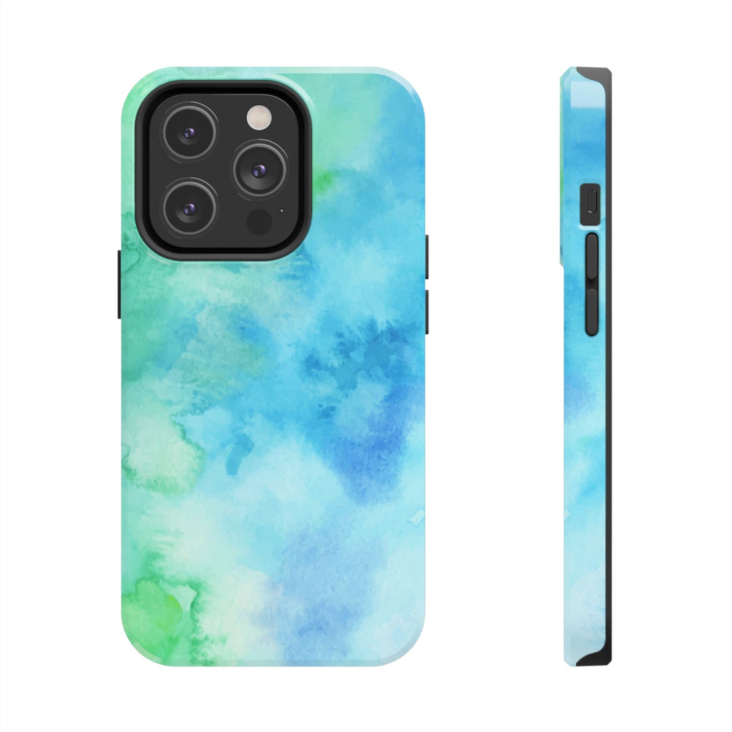 Blue Green Watercolor Tough Phone Case, Tie Dye Colorful Print Cute Cell Iphone 15 14 13 Pro Max 12 11 XS XR X 7 SE 8 Galaxy S24 S23 S22