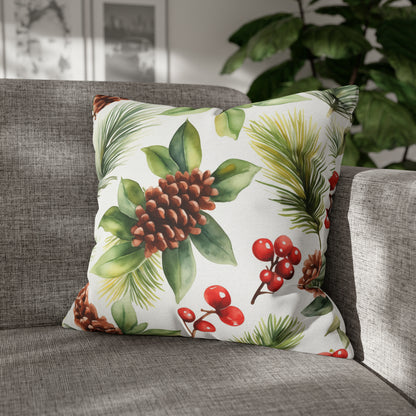 Christmas Pine Cone Pillow Cover, Red Berries Botanical Holidays Xmas Watercolor Square Throw Decorative Cover Cushion 20 x 20 Zipper Sofa