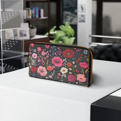 Pink Floral Leather Wallet Women, Flowers Faux Embroidery Vegan Zipper Zip Coins Credit Cards Pocket Cash Ladies Pouch Slim Clutch Purse