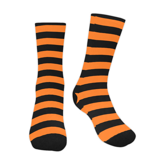 Black Orange Striped Socks, Crew Sublimation Unisex Men Women Guys Designer Fun Novelty Cool Funky Crazy Halloween Casual Unique Dress Socks