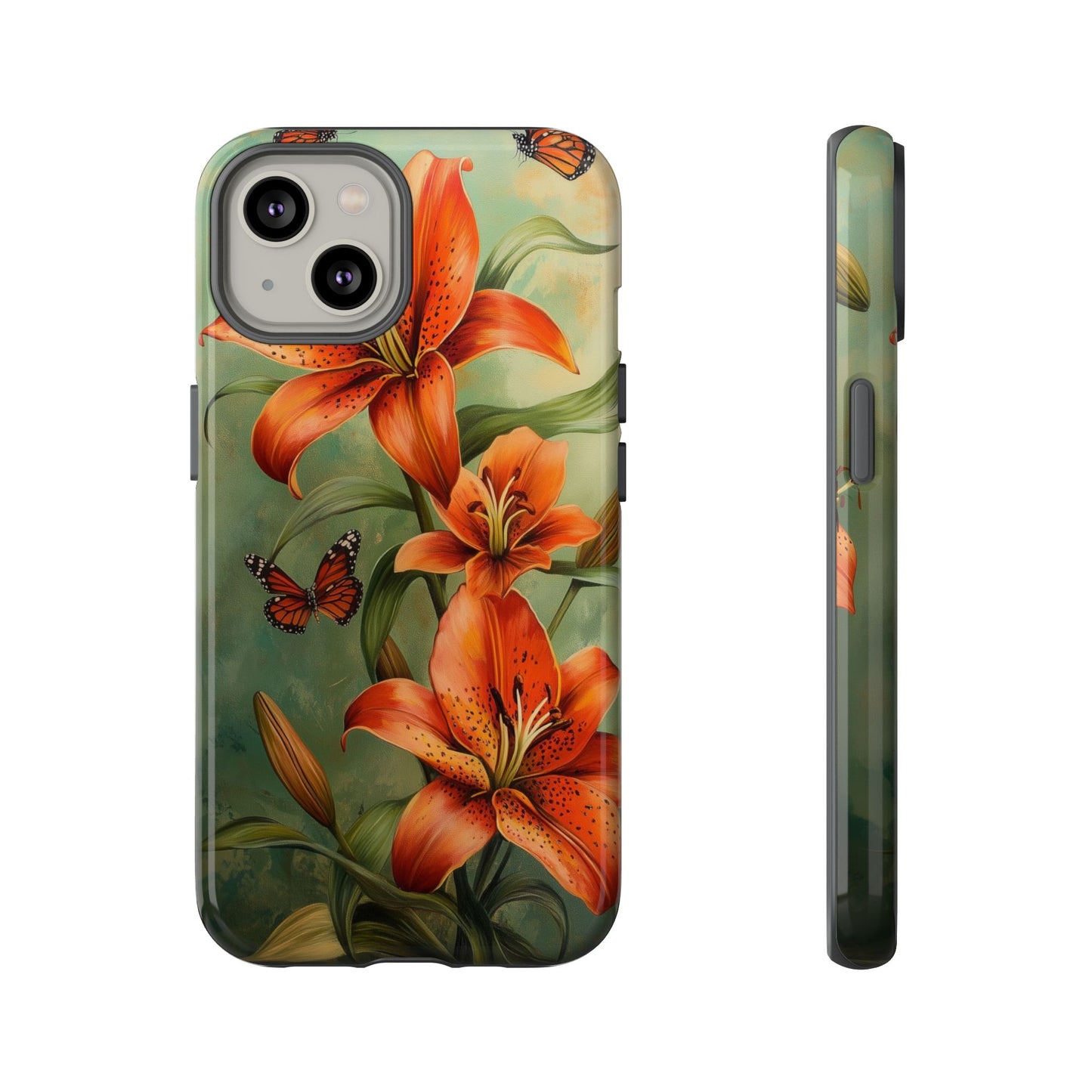 Tiger Lily Tough Phone Case, Flowers Floral Butterfly iPhone 16 15 14 13 Pro Max 12 11 8 Plus X XR XS Galaxy S24 S23 S22 S21 Google Pixel