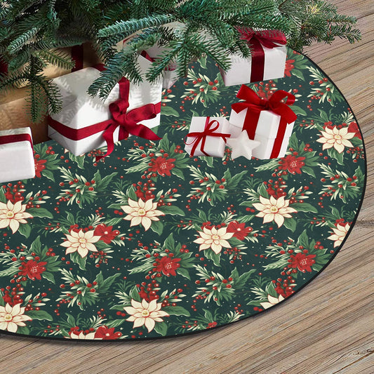 Green Vintage Christmas Tree Skirt, Retro Floral Berries Xmas Stand Small Large Base Cover Holiday Decor 30 36 47 Inch Decoration Party