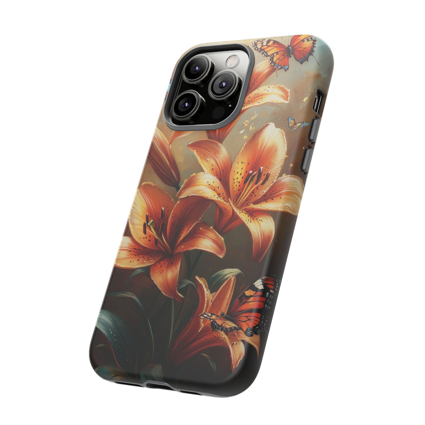 Cute Tiger Lily Tough Phone Case, Flowers Floral Butterfly iPhone 16 15 14 13 Pro Max 12 11 8 Plus X XR XS Galaxy S24 S23 S22 S21 Pixel