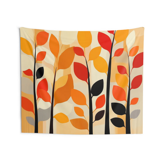 Mid Century Modern Fall Tapestry, Trees Leaves  Orange Autumn Wall Art Hanging Cool Unique Landscape Large Small Decor Bedroom College Dorm