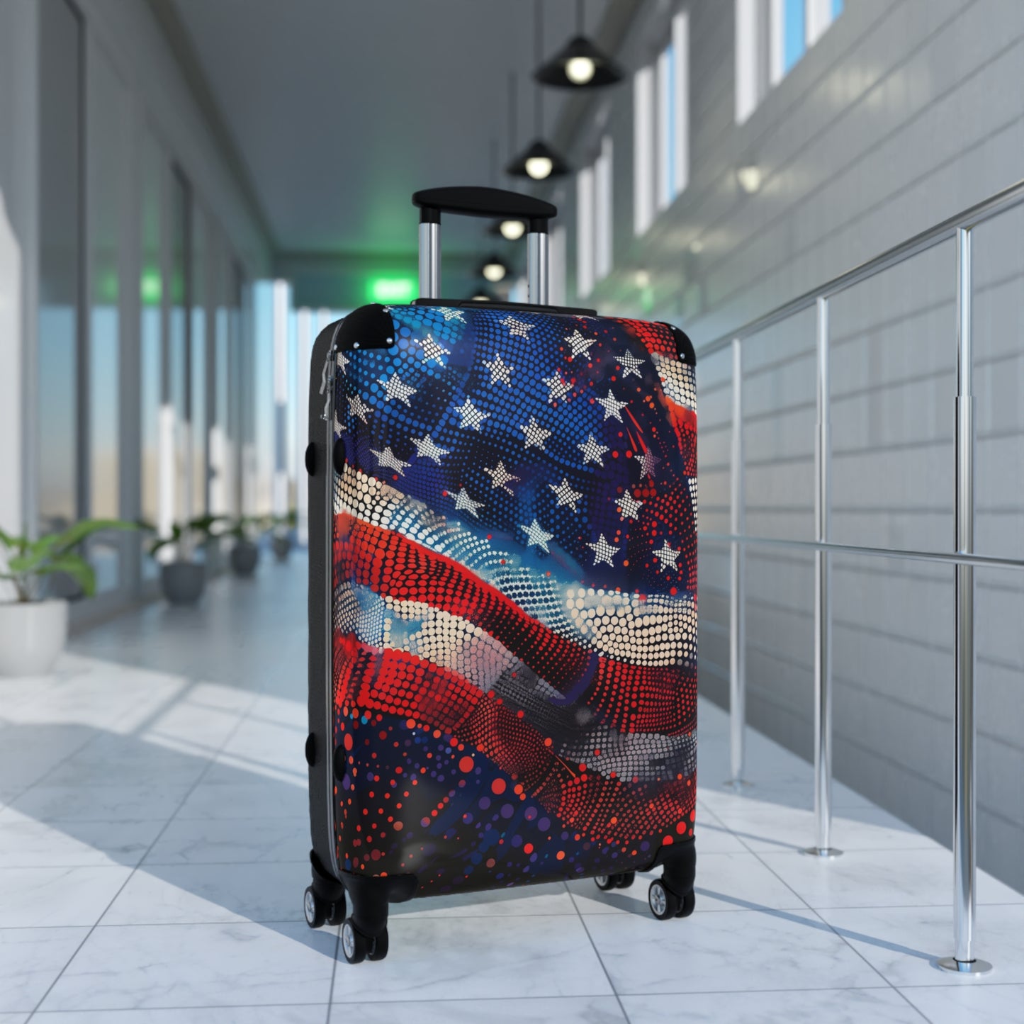 American Flag Suitcase Luggage, USA Art Carry On 4 Wheels Cabin Travel Small Large Set Rolling Spinner Lock Decorative Hard Shell Case