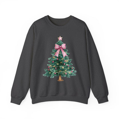 Christmas Tree Pink Bow Sweatshirt,  Coquette Cute Xmas Holiday Print Women Men Vintage Party Winter Holiday Outfit Plus Size Sweater