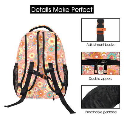 Pink Floral Backpack, Vintage Retro Flowers Men Women Kids Gift Girls School College Waterproof Side Pockets Laptop Designer Aesthetic Bag