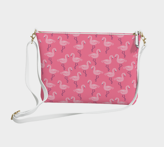 Pink Flamingo Vegan Leather Crossbody Purse Women, Bird White Small Handbag Shoulder Bag Ladies Zip Strap Designer Cross Body