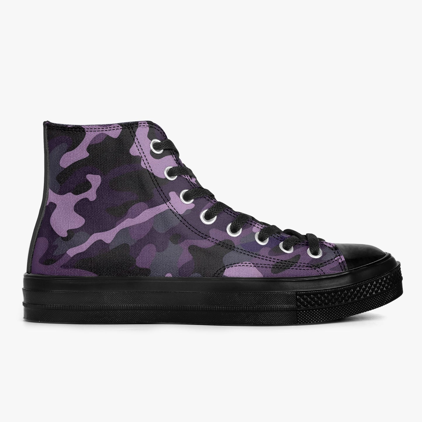 Black Purple Camo High Top Shoes Sneakers, Camouflage Men Women Lace Up Footwear Canvas Streetwear Designer Ladies Guys Casual