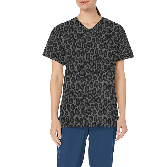 Black Leopard Medical Scrubs Top Women, Grey Animal Print Ladies Female Plus Size Nursing Nurse Vet Veterinary Assistant Uniform Pockets