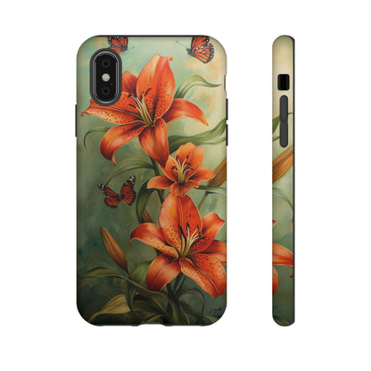 Tiger Lily Tough Phone Case, Flowers Floral Butterfly iPhone 16 15 14 13 Pro Max 12 11 8 Plus X XR XS Galaxy S24 S23 S22 S21 Google Pixel