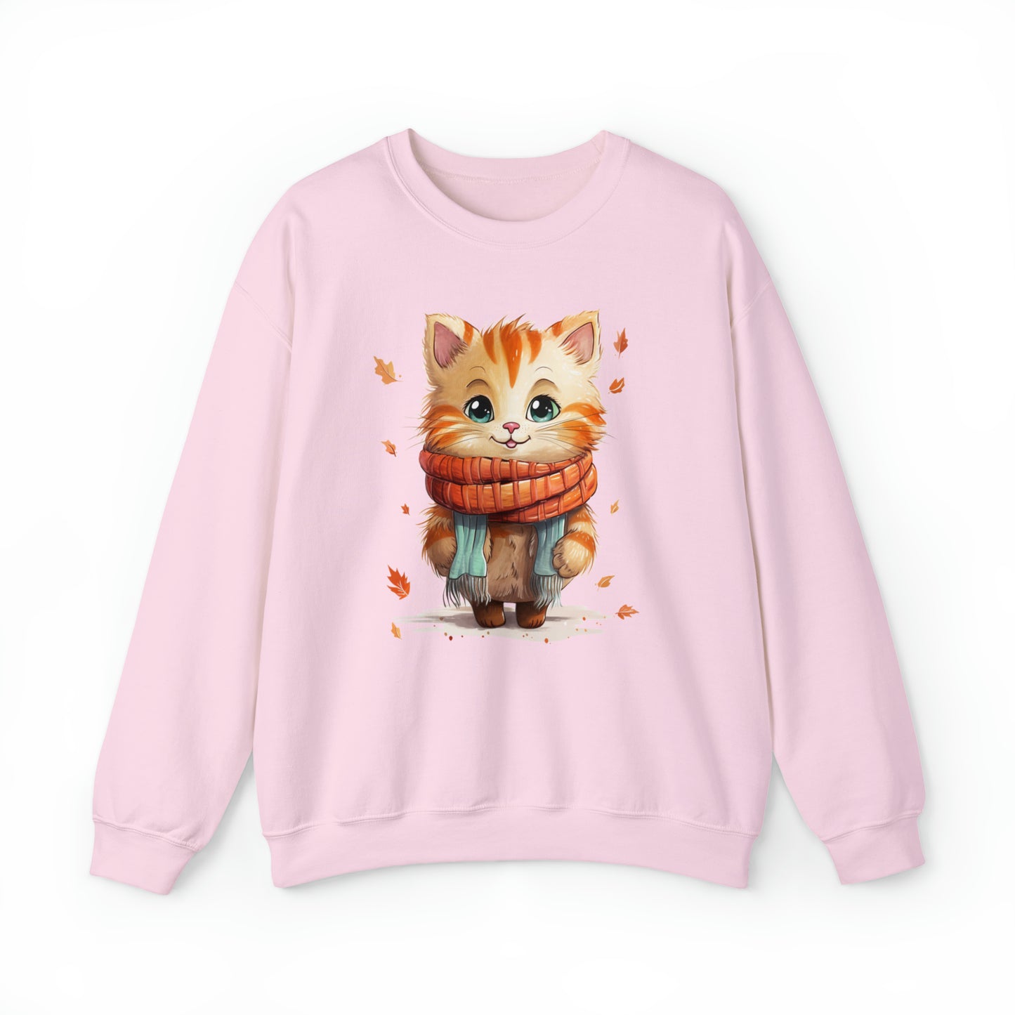 Cat Scarf Sweatshirt, Kitten Fall Autumn Leaves Graphic Crewneck Fleece Cotton Sweater Jumper Pullover Men Women Adult Aesthetic Top Starcove Fashion