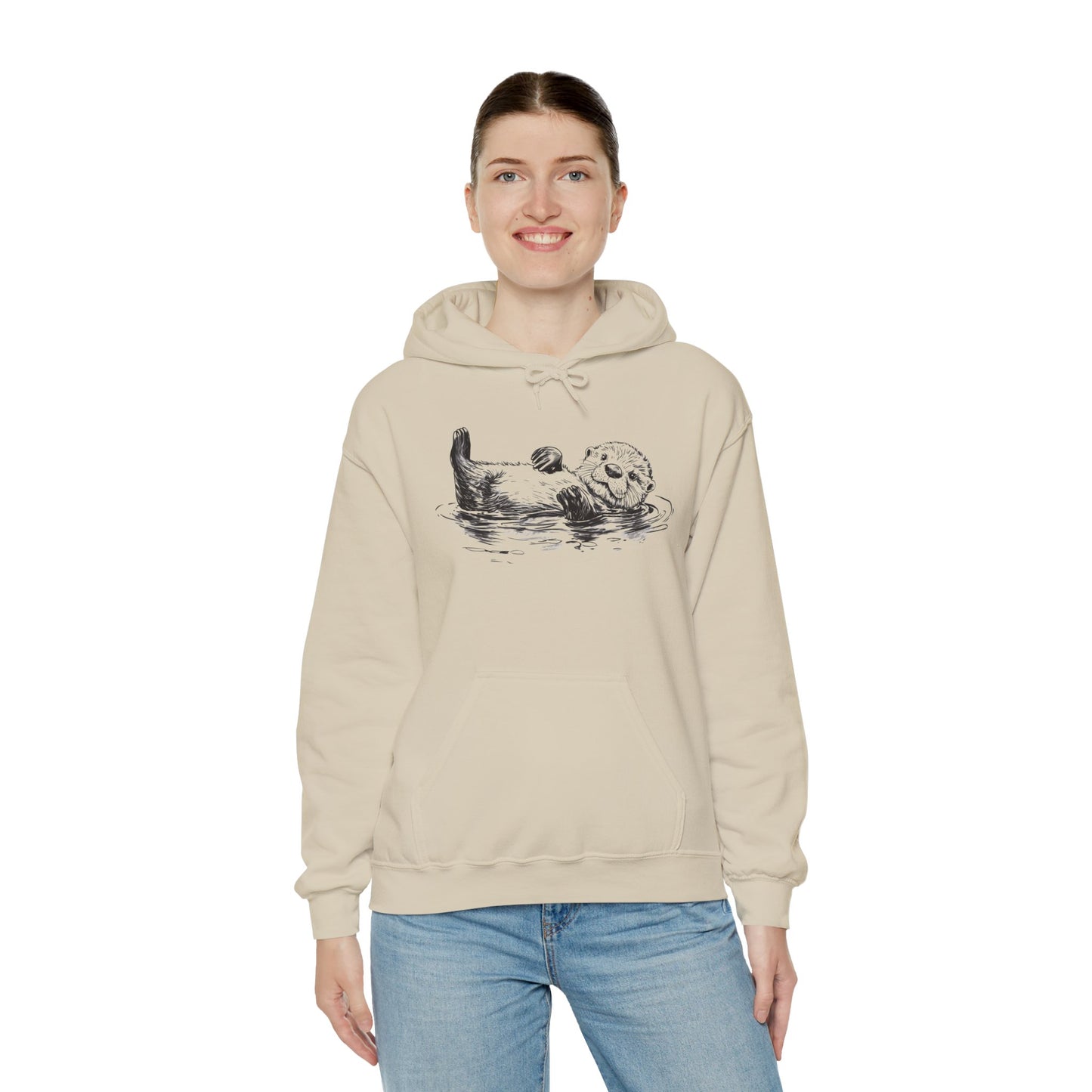 Cute Sea Otter Hoodie, Marine Animal Pullover Men Women Adult Aesthetic Graphic Cotton Hooded Sweatshirt with Pockets Designer Plus Size