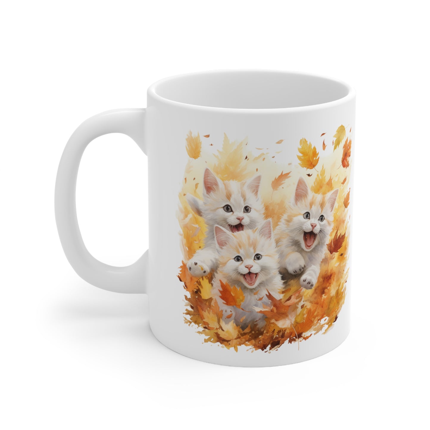 Cats Playing Fall Coffee Mug, Autumn Leaves Kittens Funny Thanksgiving Cute Art Ceramic Cup Tea Hot Chocolate Unique Cool Novelty