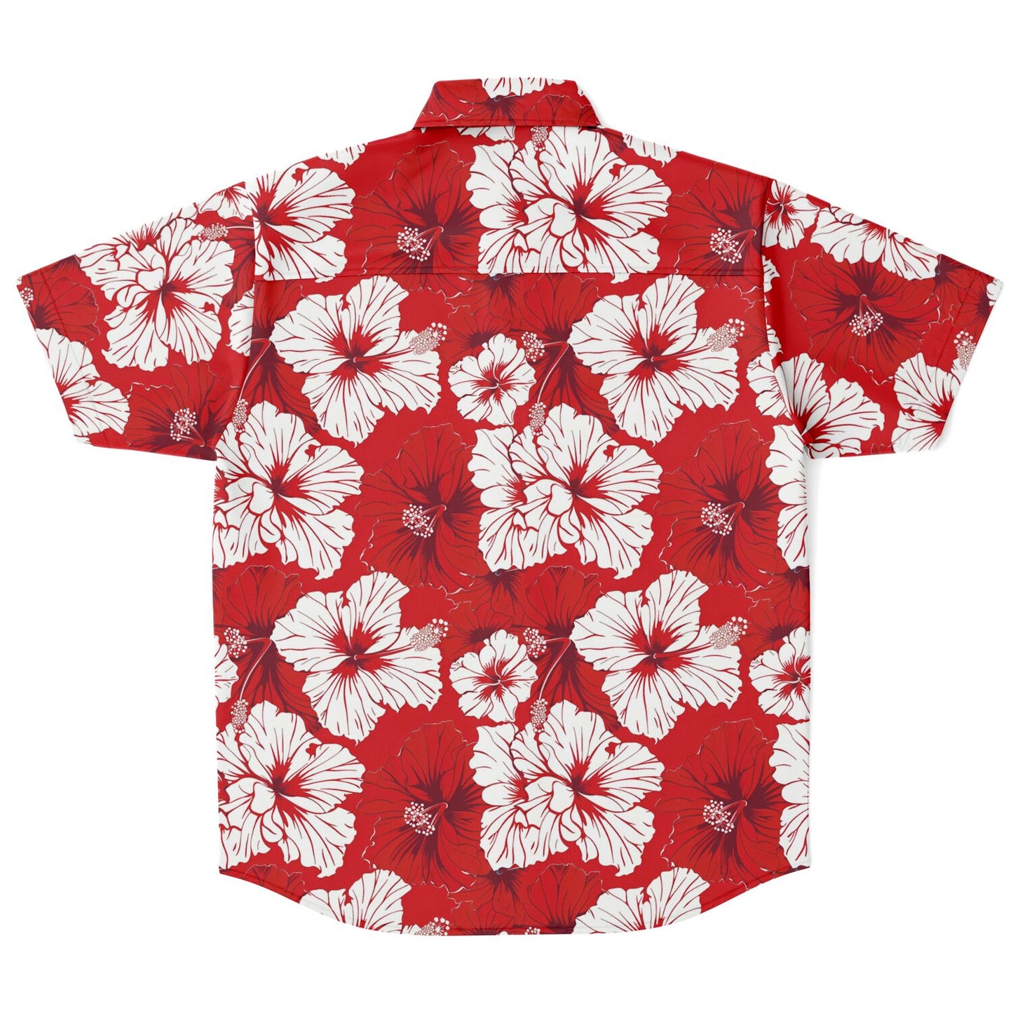 Red and White Floral Men Button Up Shirt, Hibiscus Flowers Short Sleeve Print Casual Buttoned Down Summer Guys Collared Designer Dress Shirt