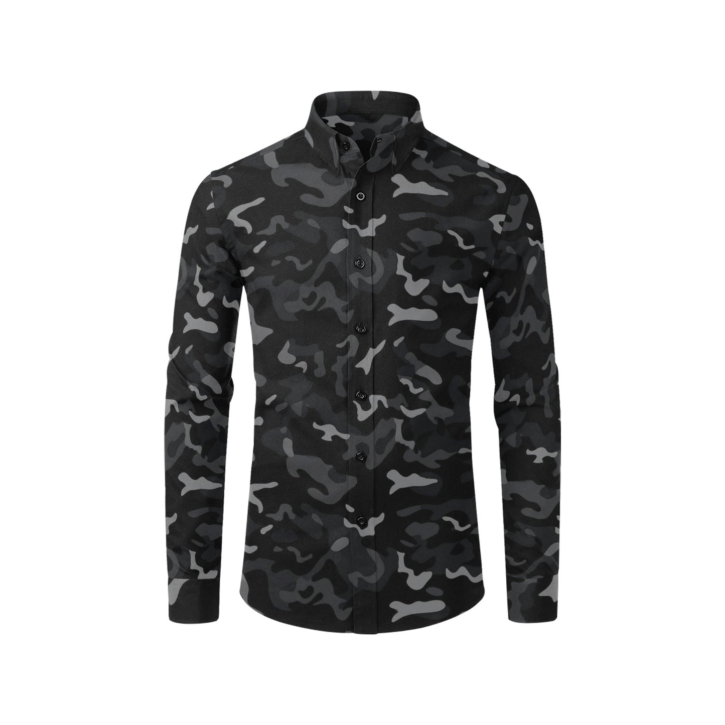 Black Camouflage Long Sleeve Men Button Up Shirt, Grey Camo Print Dress Buttoned Collared Casual Down Dress Male Guys Polyester Shirt