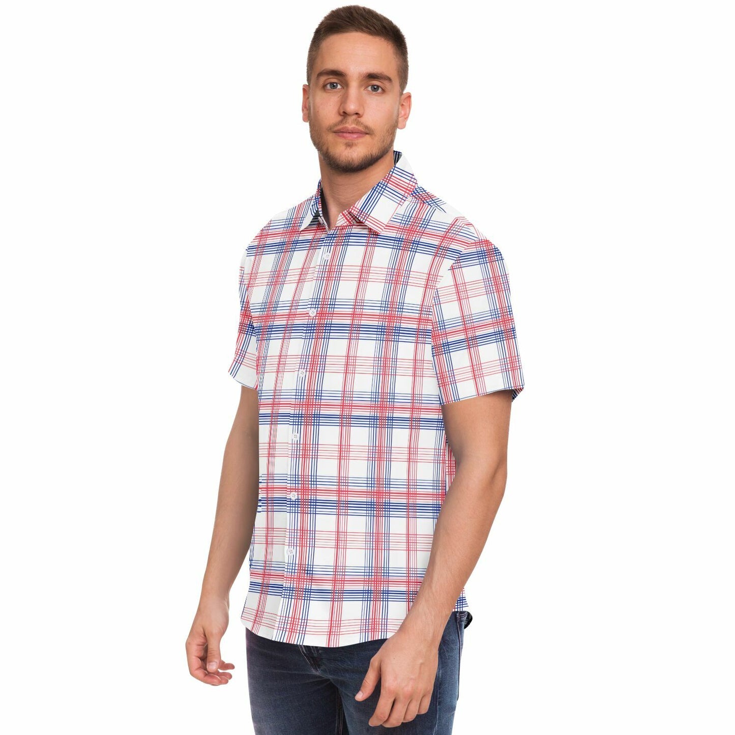 Red White Blue Men Button Up Shirt, Check Plaid Tartan Short Sleeve Print Casual Buttoned Down Summer Male Guys Collared Designer Dress