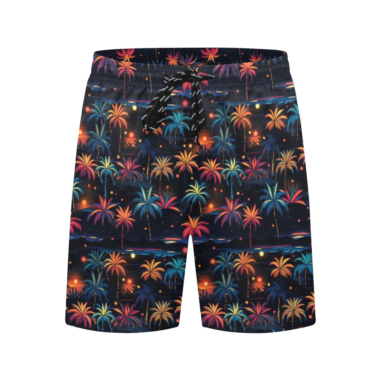 Festive Men Swim Trunks, Firework Christmas 7" Inseam Shorts Beach Pockets Mesh Lining Drawstring Casual Bathing Suit Plus Size Swimwear