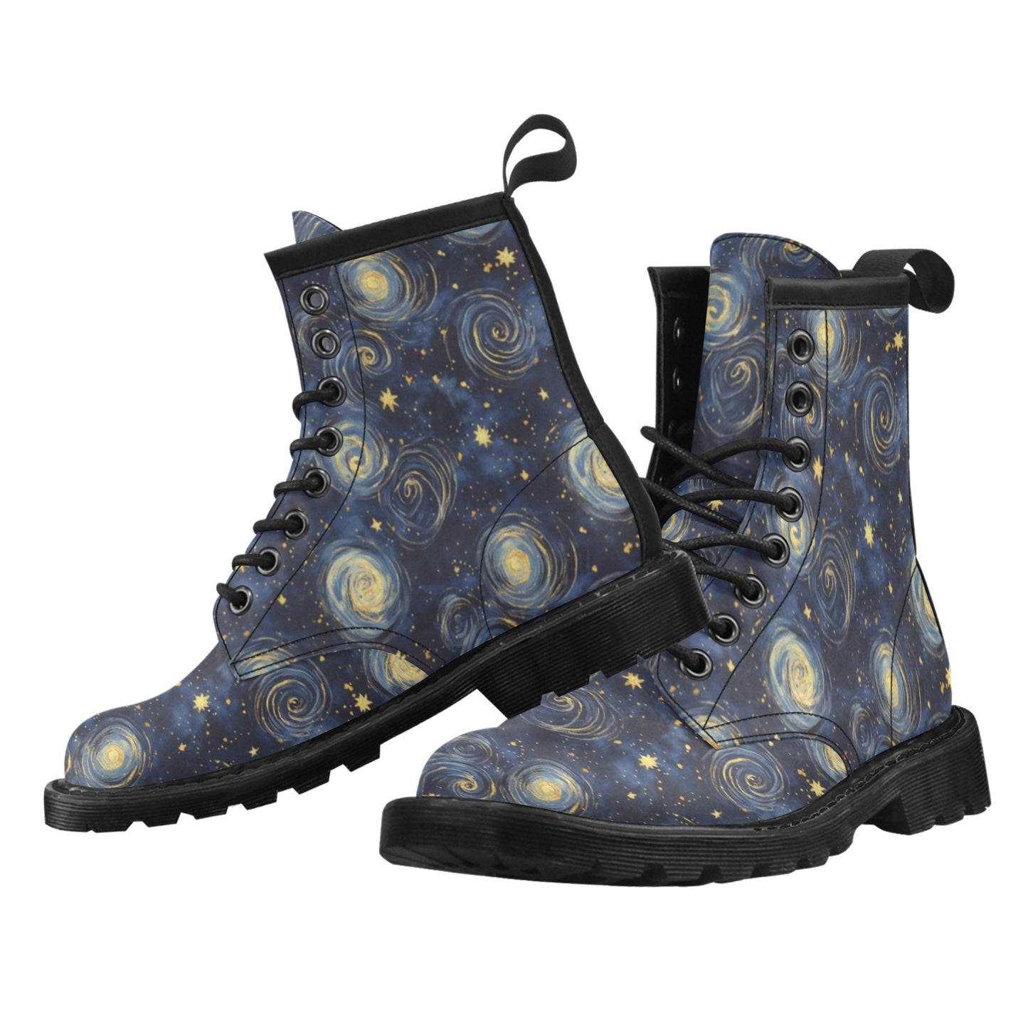 Starry Night Sky Stars Women Boots, Galaxy Swirly Space Black Vegan Leather Lace Up Shoes Print Ankle Punk Combat Winter Ladies Designer