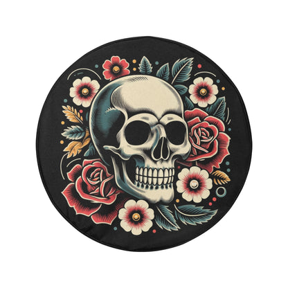 Skull Floral Spare Tire Cover, Car Roses Skeleton Old School Tattoo Backup Camera Hole Rear Wheel Trailer Camper RV Back Men Women Protector