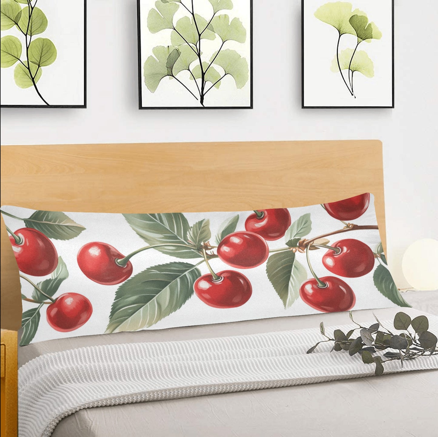 Red Cherries Body Pillow Case, Green Leaves Nature Retro Long Large Bed Accent Print Throw Decor Decorative Cover Cushion 20x54 Modern