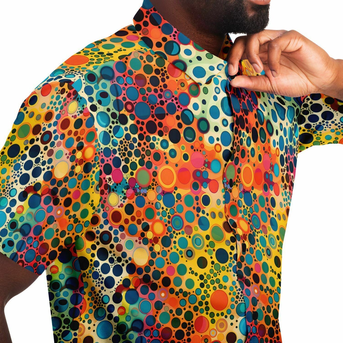 Psychedelic Men Button Up Shirt, Funky Groovy Retro Vibrant Dot Art Vintage Short Sleeve Festival Print Buttoned Down Guys Collared Designer