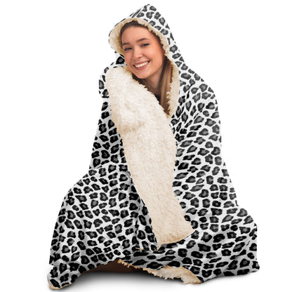 Snow Leopard Hooded Blanket, White Black Cheetah Animal Print Sherpa Fleece Faux Fur Fluffy Warm Adult Men Women Kids Large Wearable Hood