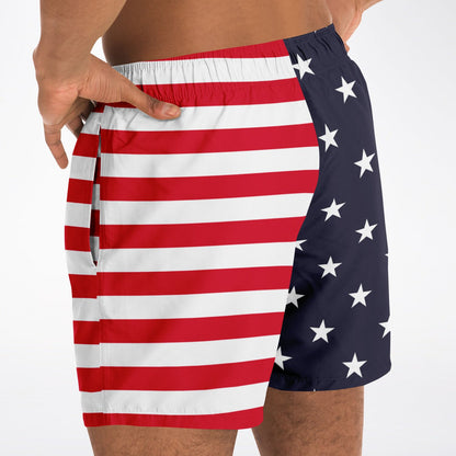 American Flag Men Swim Trunks, USA Patriotic Stars Stripes Red White Blue 4th of July Bathing Shorts Beach Surf Swimwear Male Pockets Lining