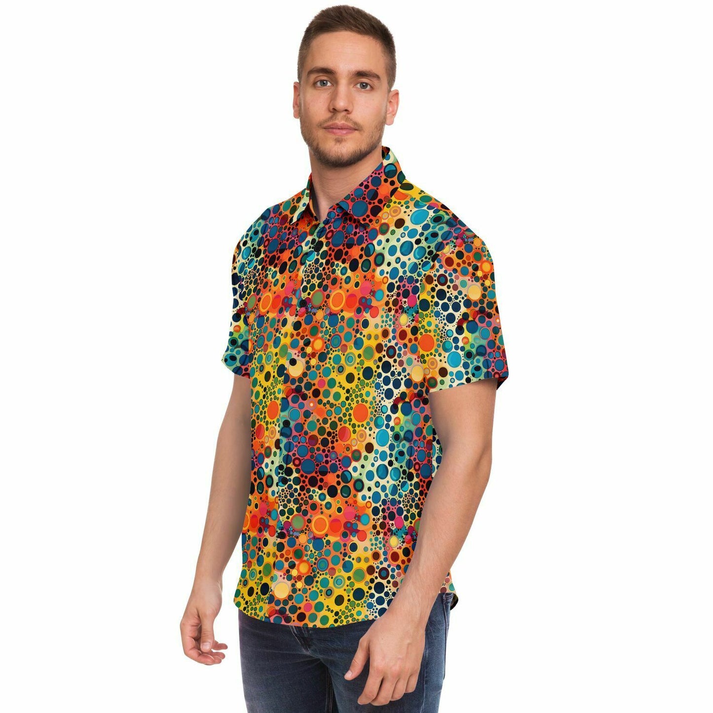 Psychedelic Men Button Up Shirt, Funky Groovy Retro Vibrant Dot Art Vintage Short Sleeve Festival Print Buttoned Down Guys Collared Designer