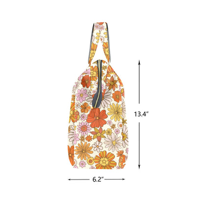 Retro Floral Insulated Lunch Box Bag Tote, Pink Orange Flowers Cute Food Container Adult Kids Women Teens Men Black School Work Handbag