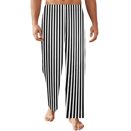 Black and White Striped Men Pajamas Pants, Thin Pin Stripes Satin PJ Pockets Sleep Trousers Sleepwear Guys Male Adult Long Lounge Bottoms