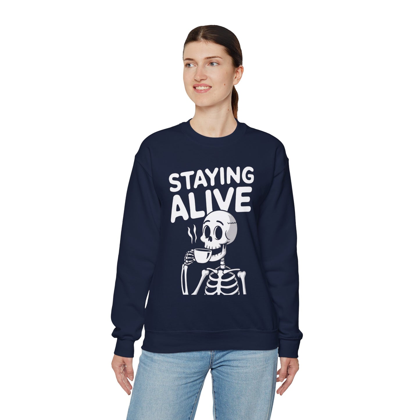 Staying Alive Coffee Sweatshirt, Skeleton Halloween Funny Graphic Crewneck Fleece Cotton Sweater Jumper Pullover Men Women Adult Top