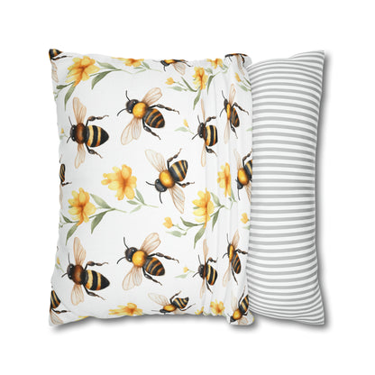 Bees Flowers Pillow Case, Yellow Floral Spring Square Throw Decorative Cover Room Decor Couch Cushion 20 x 20 Zipper Sofa