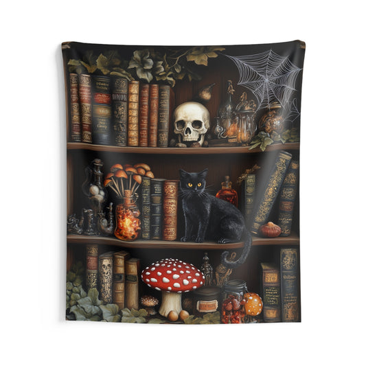 Witch Book Shelf Tapestry, Halloween Black Cat Skull Cottagecore Library Wall Art Hanging Unique Vertical Large Small College Dorm Room