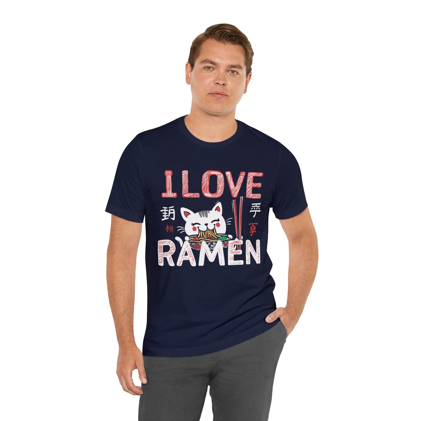 I love Ramen Tshirt, Cat Cup Noodles Eating Food Anime Designer Graphic Aesthetic Crewneck Men Women Tee Top Short Sleeve Shirt