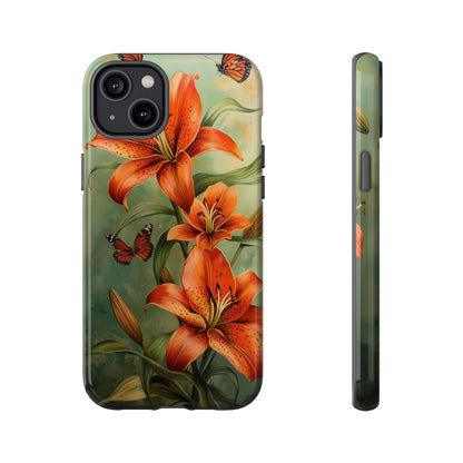 Tiger Lily Tough Phone Case, Flowers Floral Butterfly iPhone 16 15 14 13 Pro Max 12 11 8 Plus X XR XS Galaxy S24 S23 S22 S21 Google Pixel