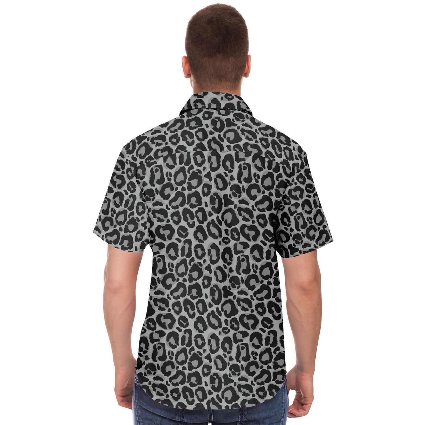 Grey Leopard Men Button Up Shirt, Animal Cheetah Print Short Sleeve Print Casual Buttoned Down Summer Male Guys Collared Designer Dress