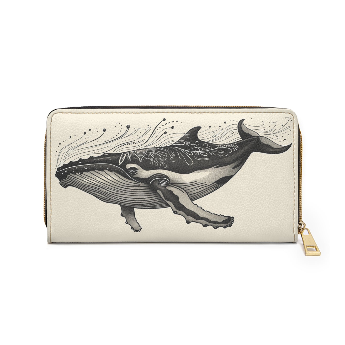 Whale Leather Wallet Women, Ocean Sea Coastal Cream Vegan Zipper Zip Around Coins Credit Cards Pocket Cash Ladies Pouch Slim Clutch Purse