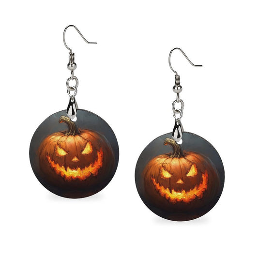 Halloween Pumpkin Round Earrings (2), Jack O Lantern Wooden Dangle Drop Unique Statement Women Girls Vintage Pendant Designer Jewelry