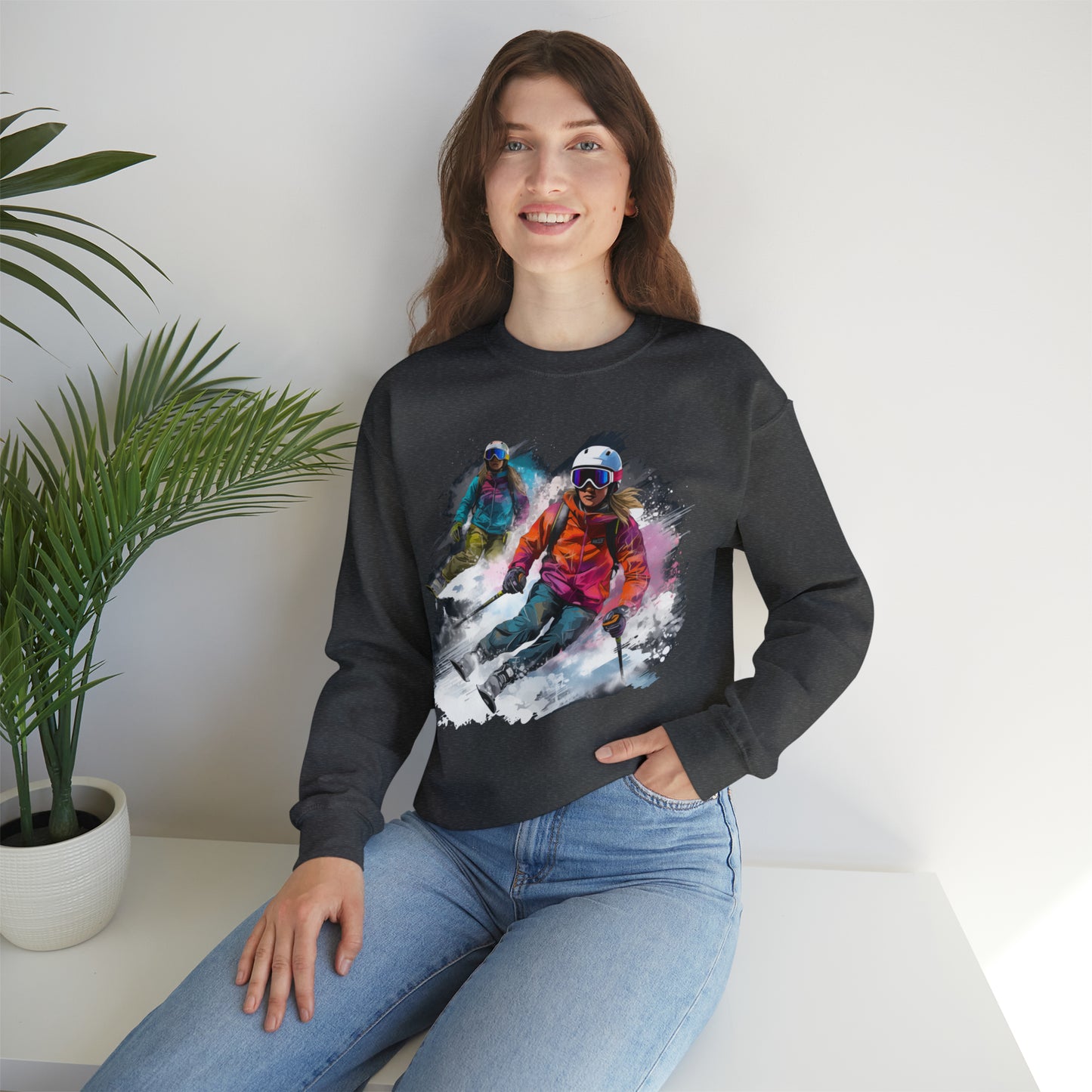 Girls Skiing Sweatshirt, Ski Team Watercolor Sweater Women Men Winter Sport Skier Snow Vintage Retro Cotton Holiday Mountain Ladies Unisex