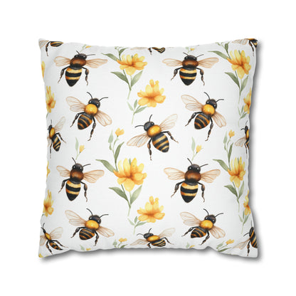 Bees Flowers Pillow Case, Yellow Floral Spring Square Throw Decorative Cover Room Decor Couch Cushion 20 x 20 Zipper Sofa